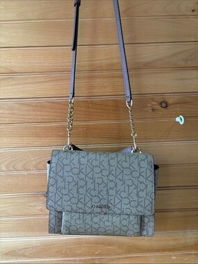 Calvin Klein Hudson Flap Stachel Monogram Crossbody Bag with Gold Chain